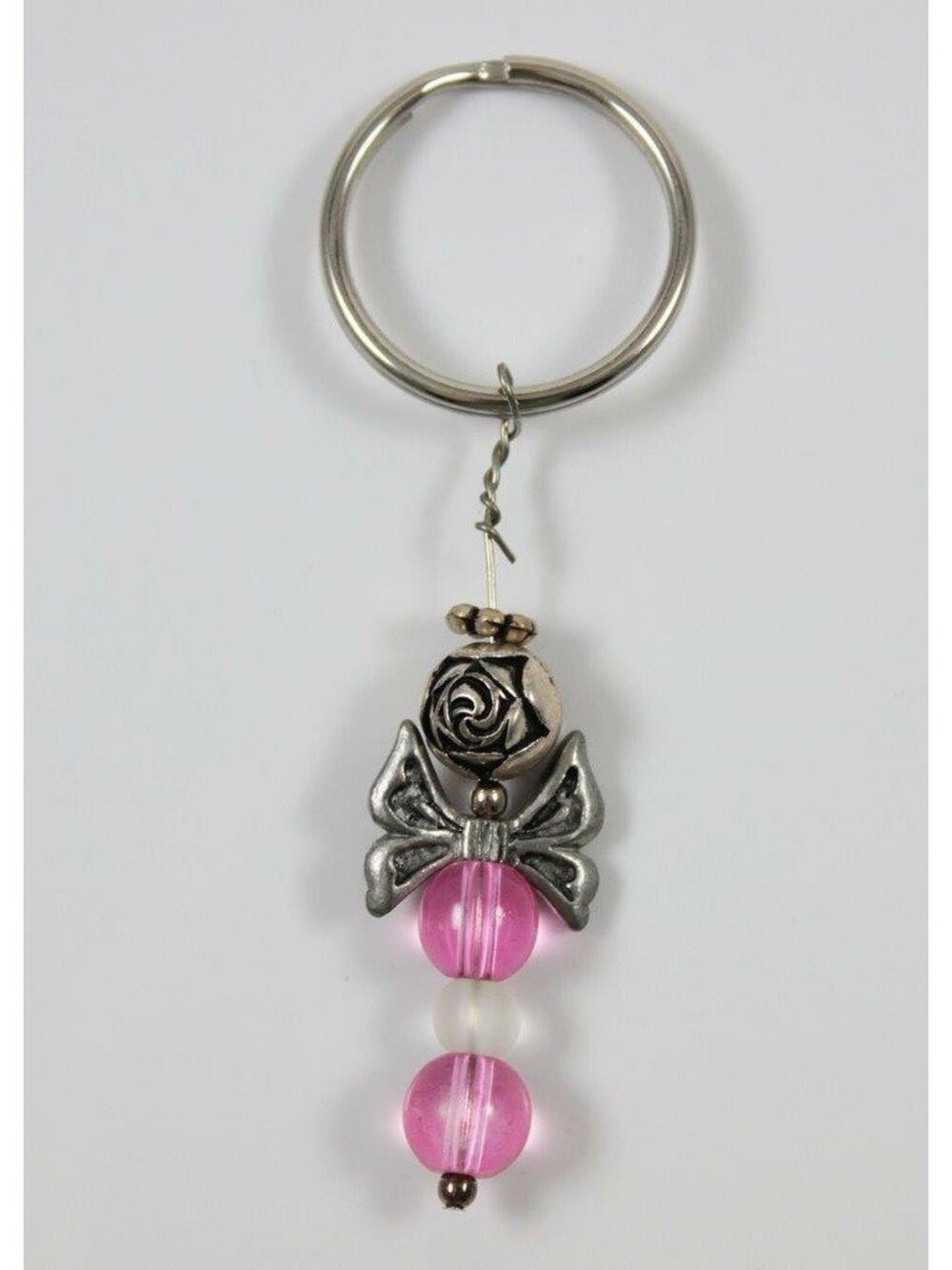 Key Ring Purse Charm Silver-Tone Pink Beads Rosebud Butterfly/Bow Angel Handmade
